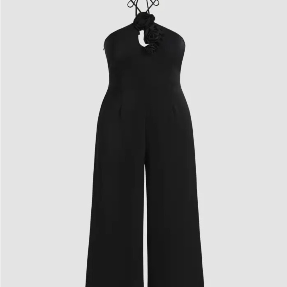 Cider Black Halter Jumpsuit with Floral Detail